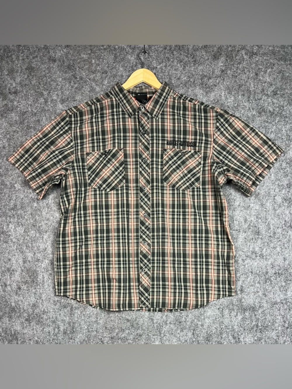 Harley-Davidson Men's Plaid Short Sleeve Button-Down Shirt - Green/Beige/Black